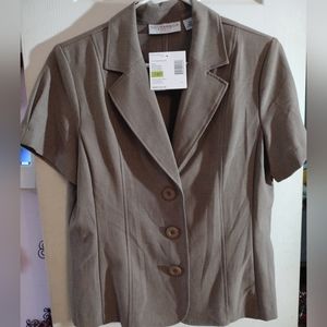 Sag Harbor Women’s Size 14p  Petite TAUPE Blazer Jacket Button Up short sleeve